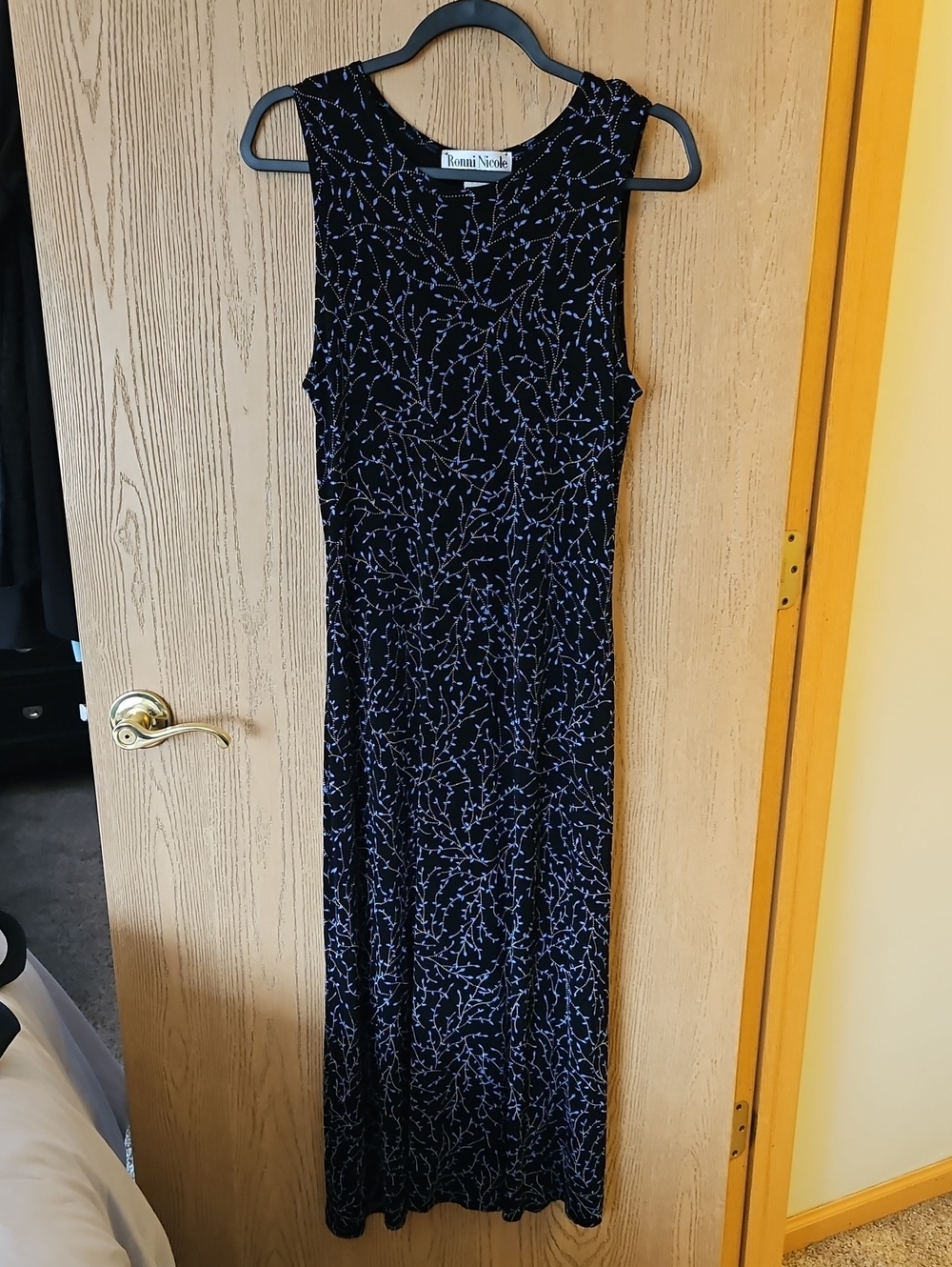 90's Ronni Nicole Black Maxi Dress with Blue Vine Pattern